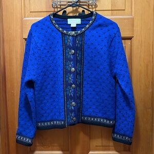 Vintage Tally-Ho Blue Patterned Cardigan 100% Boiled Wool Sweater